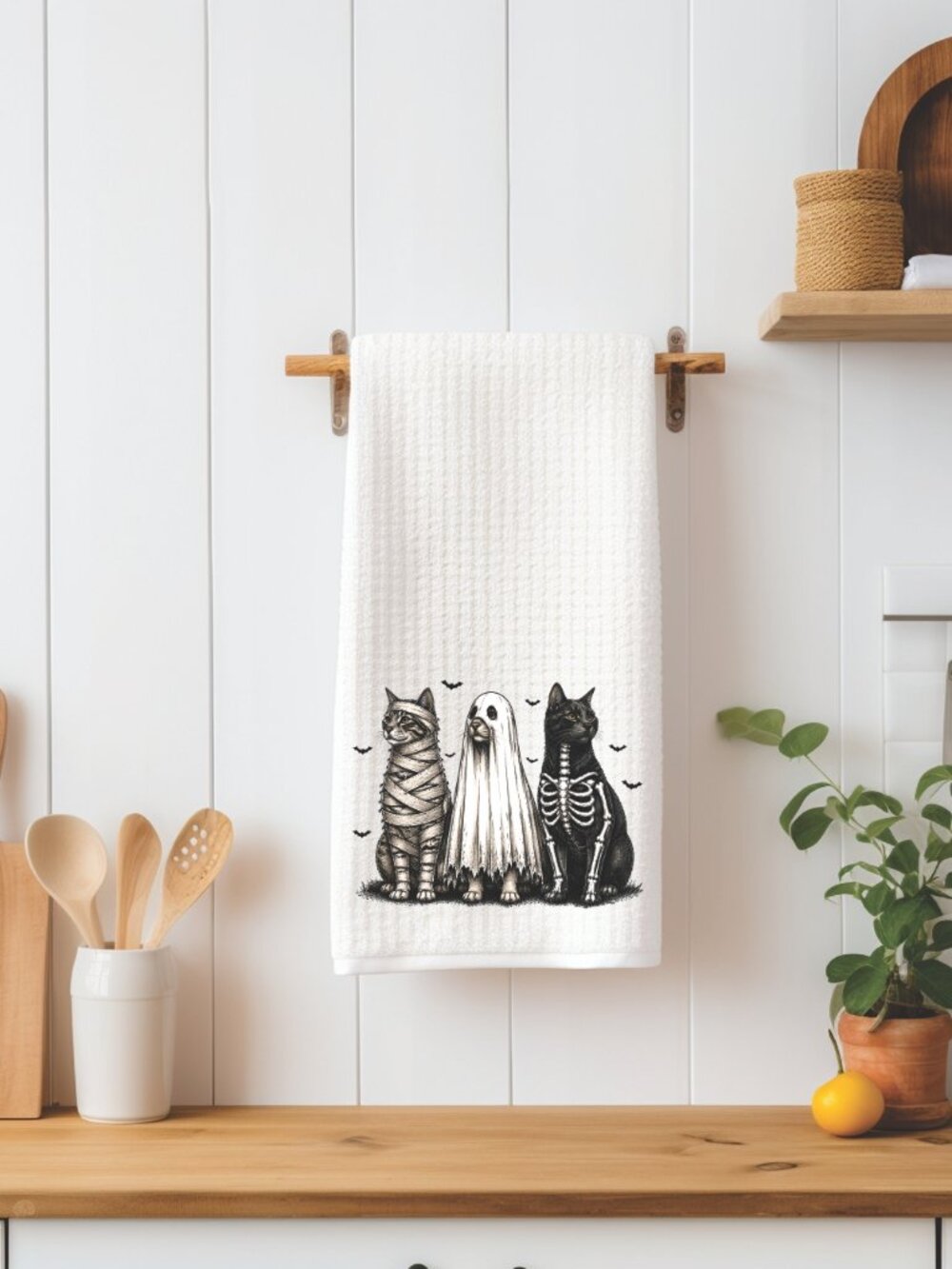 Spooky Cats In Costumes Halloween Decorative Kitchen Tea Towel